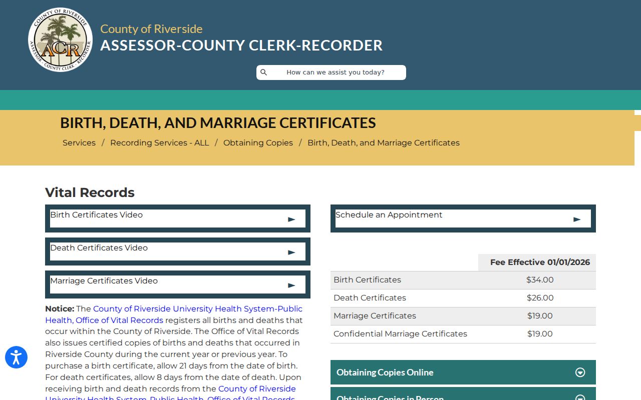 San Jacinto public records rules for Riverside vital certificate copies
