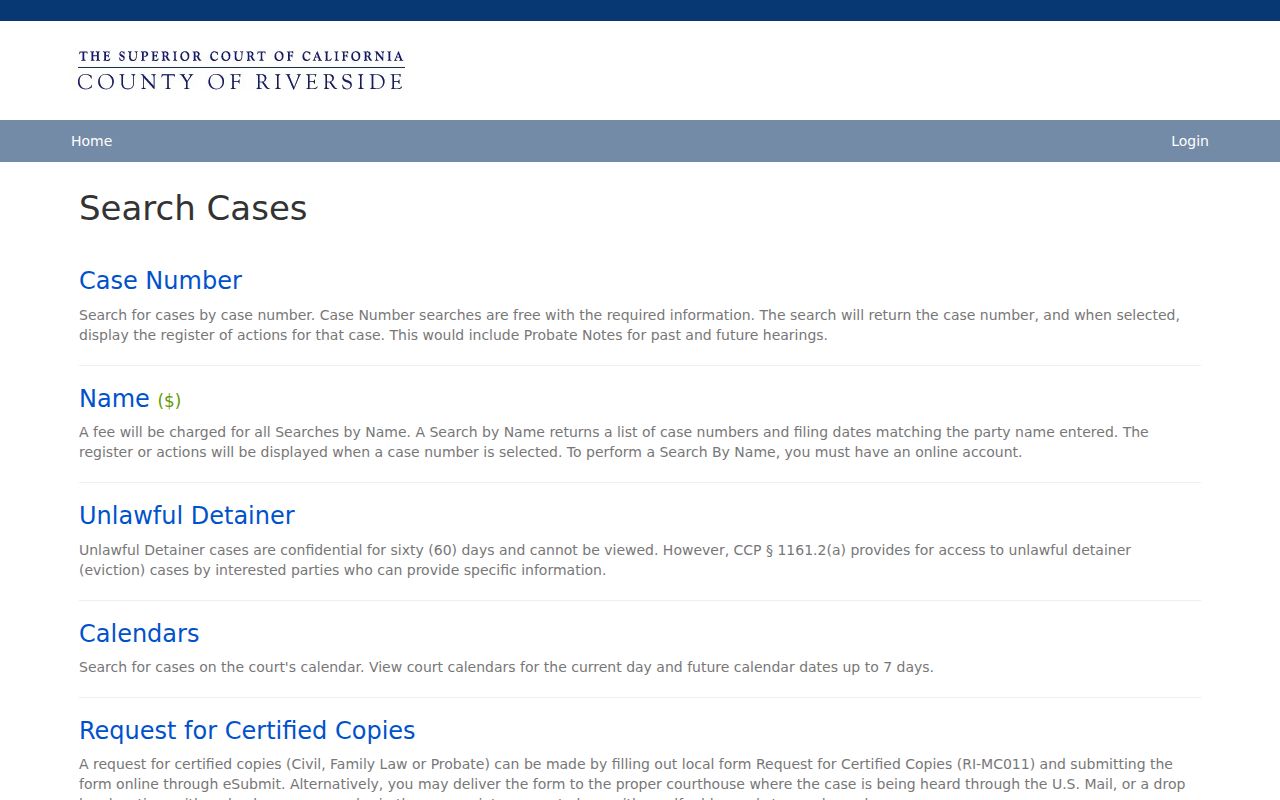 San Jacinto public records shown in the Riverside court case search