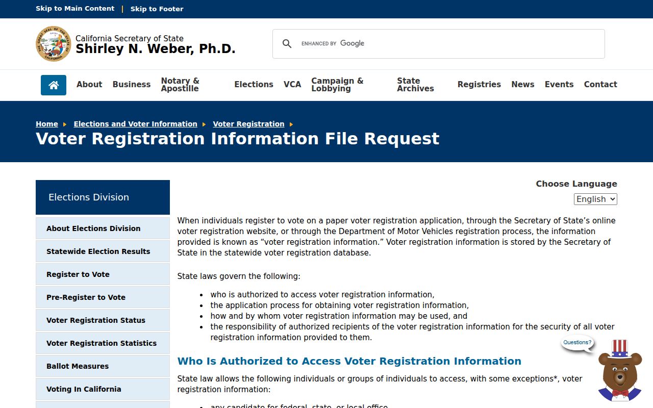 San Jacinto voter registration records request rules from the California Secretary of State